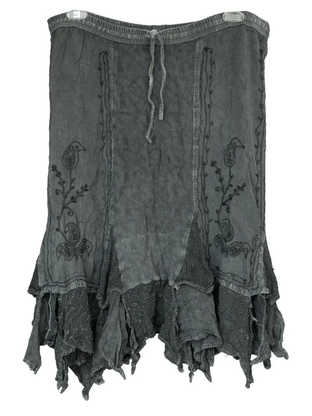 KIRAT Skirt Asymmetrical Witchy Grey Embroidered Hippie Handkerchief Midi - Picture 1 of 14